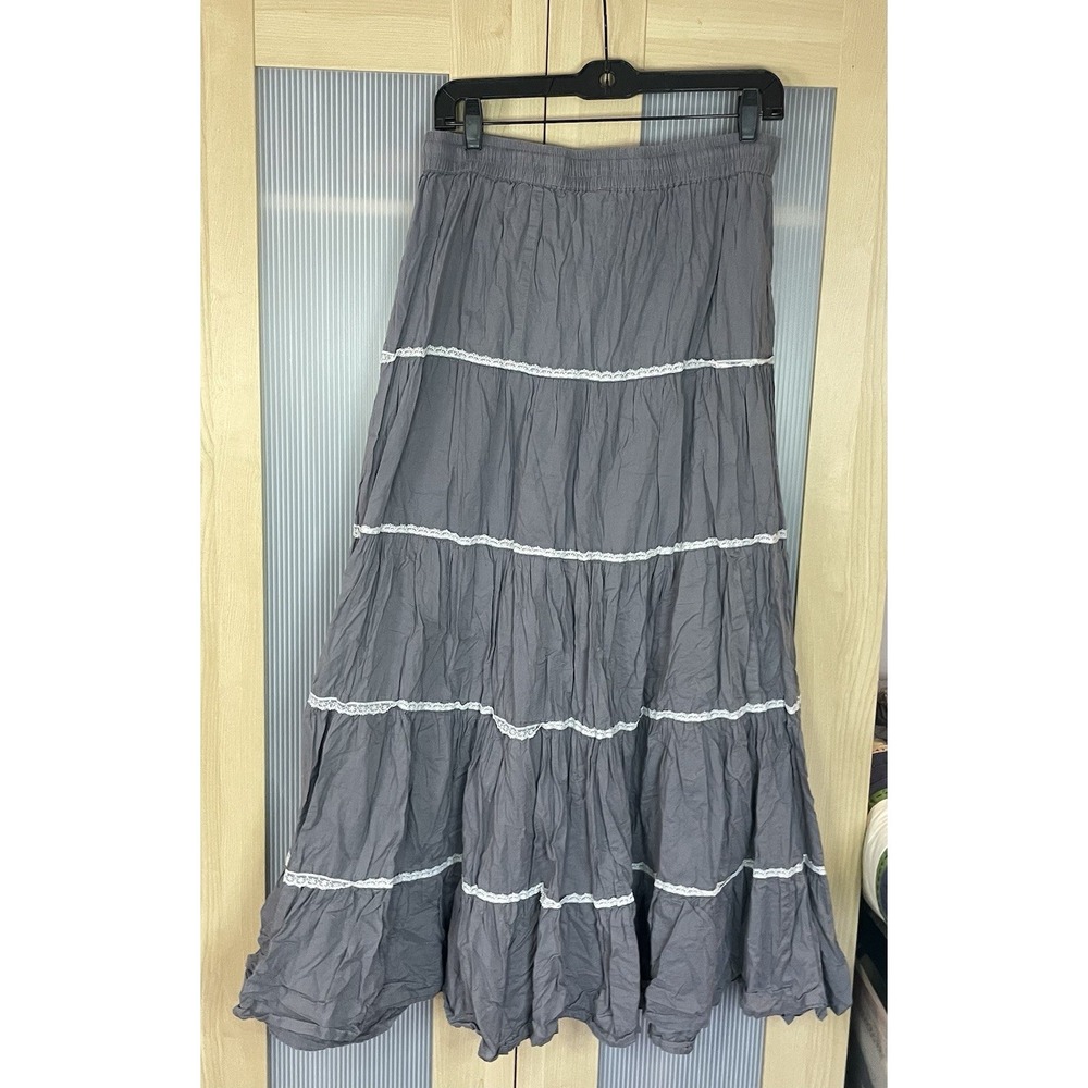 Bimba Full Cotton Long Maxi Skirt OS Gray Boho Tiered Peasant Lace Cottagecore - Picture 5 of 6